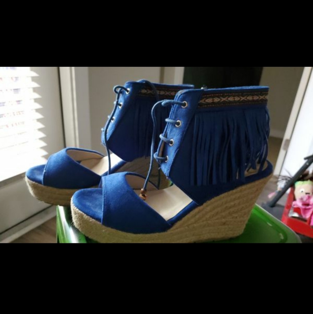 Blue Suede Tassel Wedges